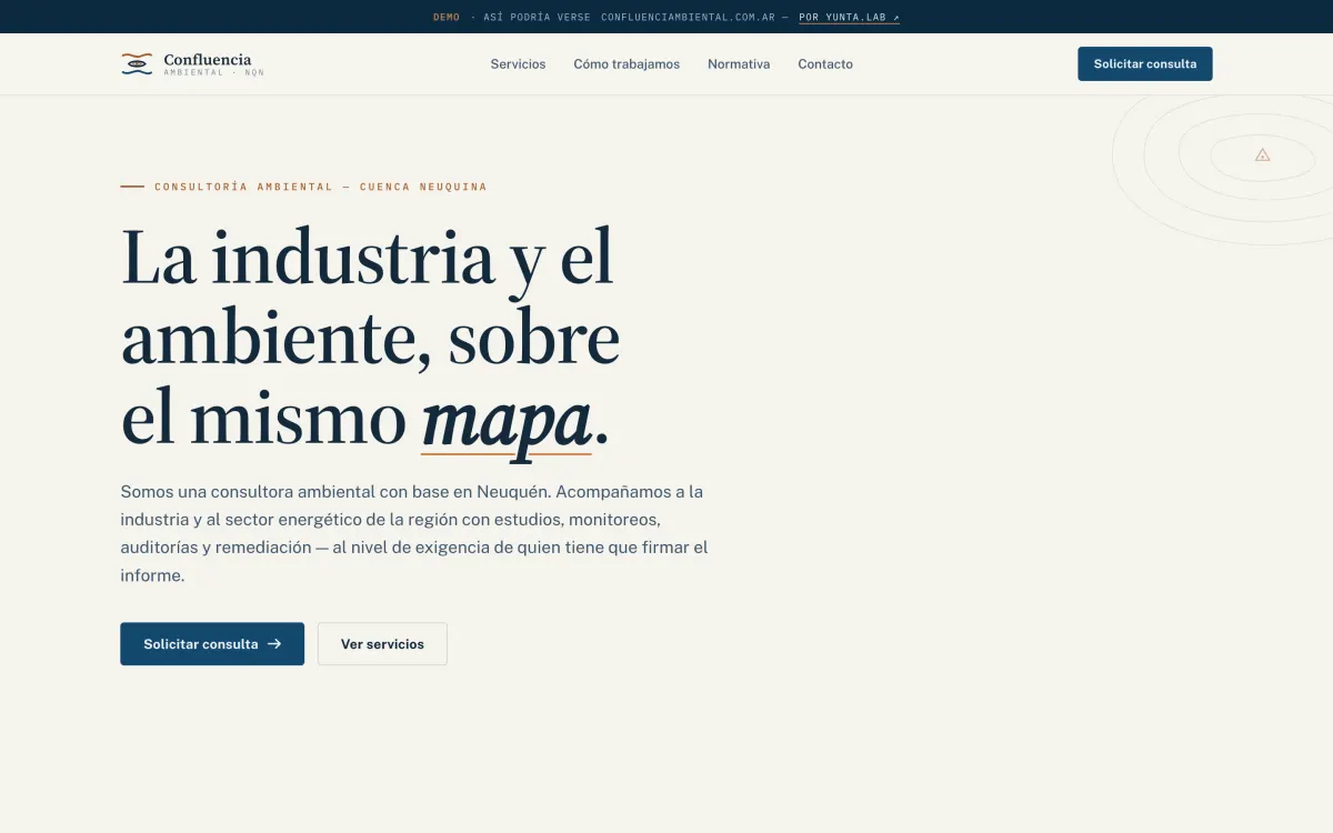 Portada del demo de Confluencia Ambiental, consultoría ambiental de la Cuenca Neuquina