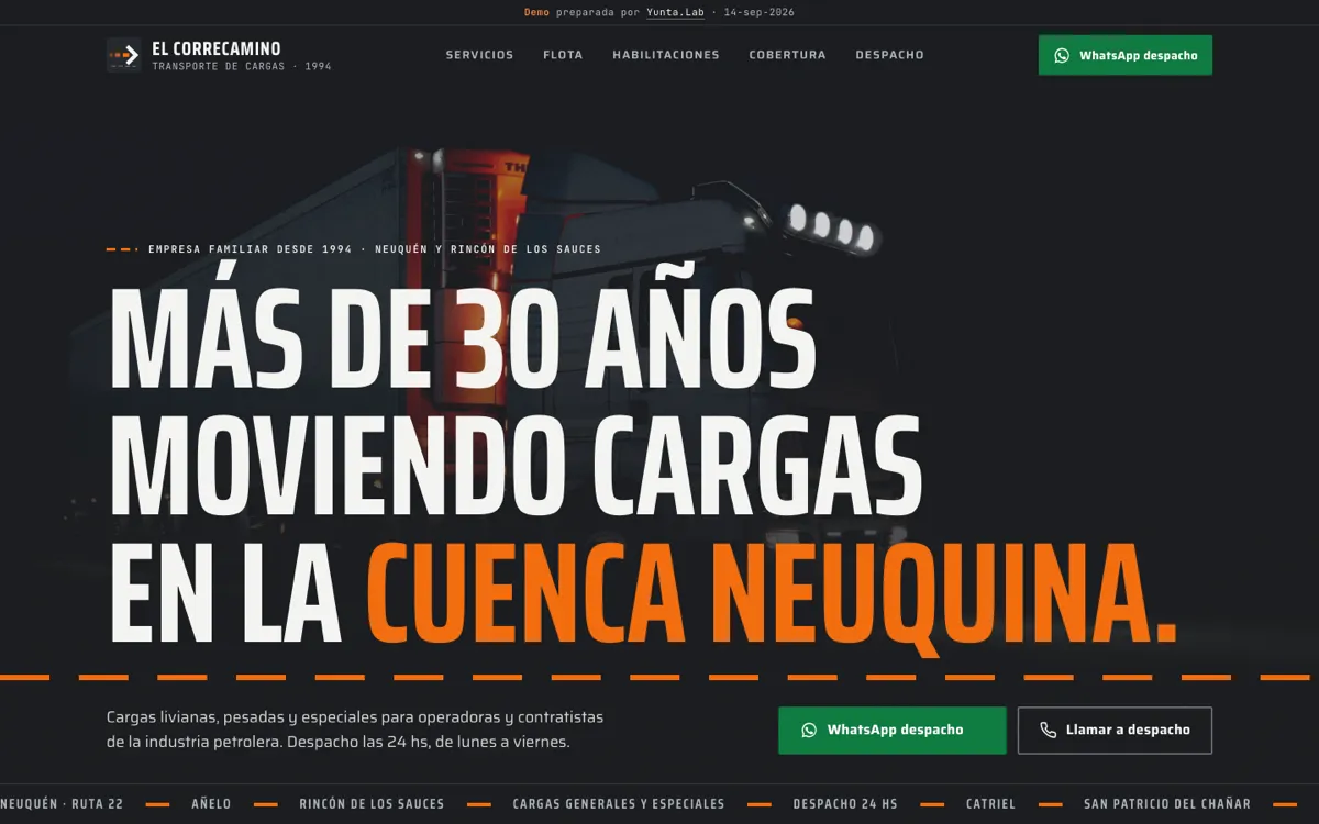 Portada del demo de Transporte El Correcamino, cargas para la industria petrolera en Neuquén