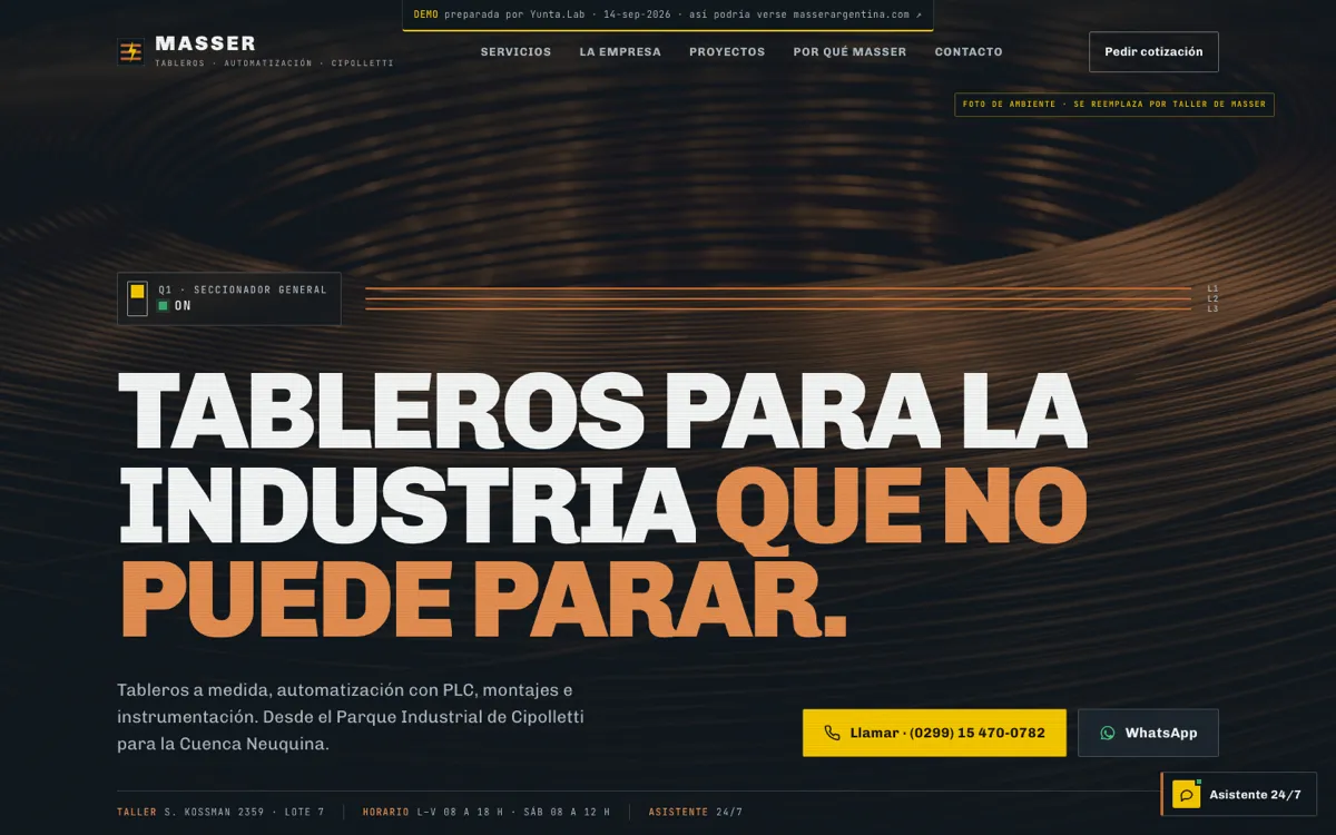 Portada del demo de Masser, tableros eléctricos y automatización de Cipolletti