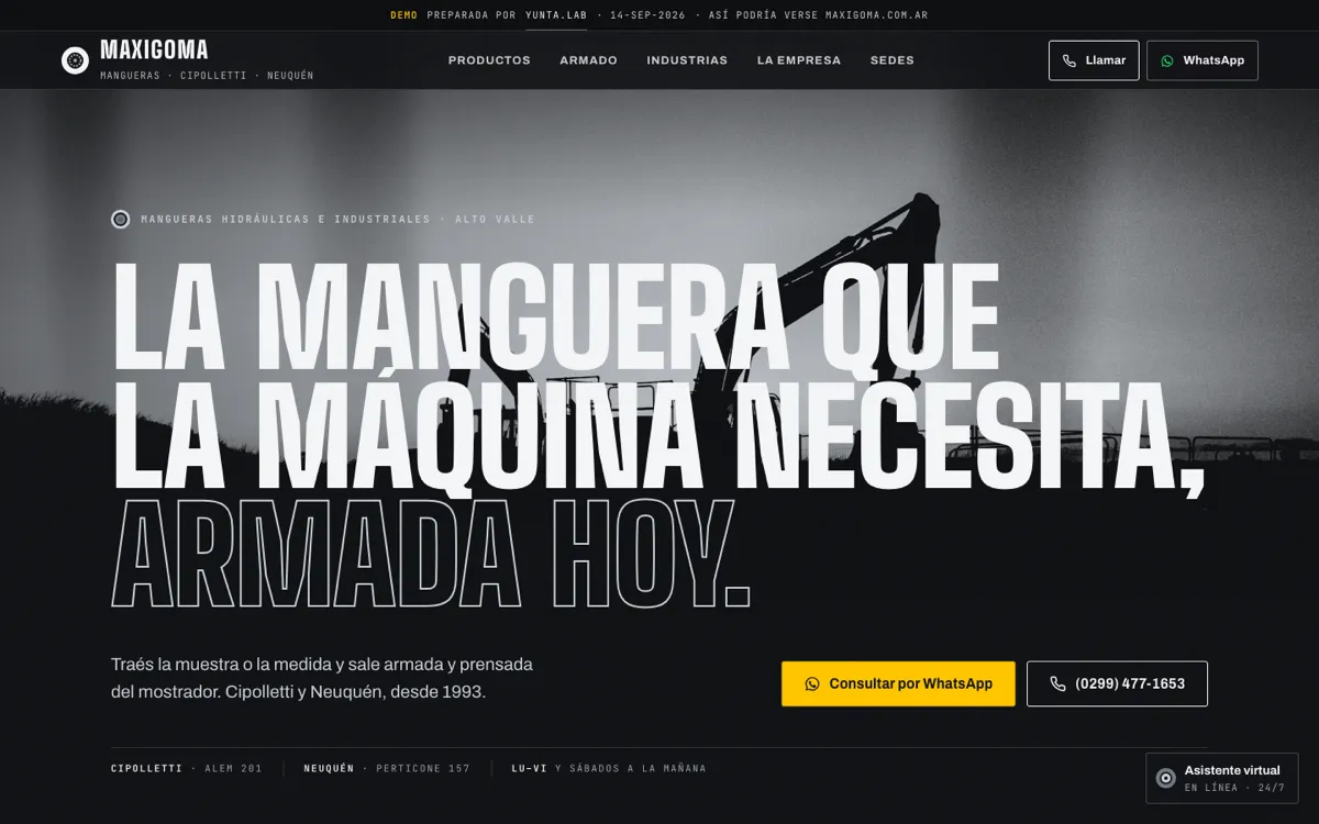 Portada del demo de Maxigoma, mangueras hidráulicas de Cipolletti y Neuquén