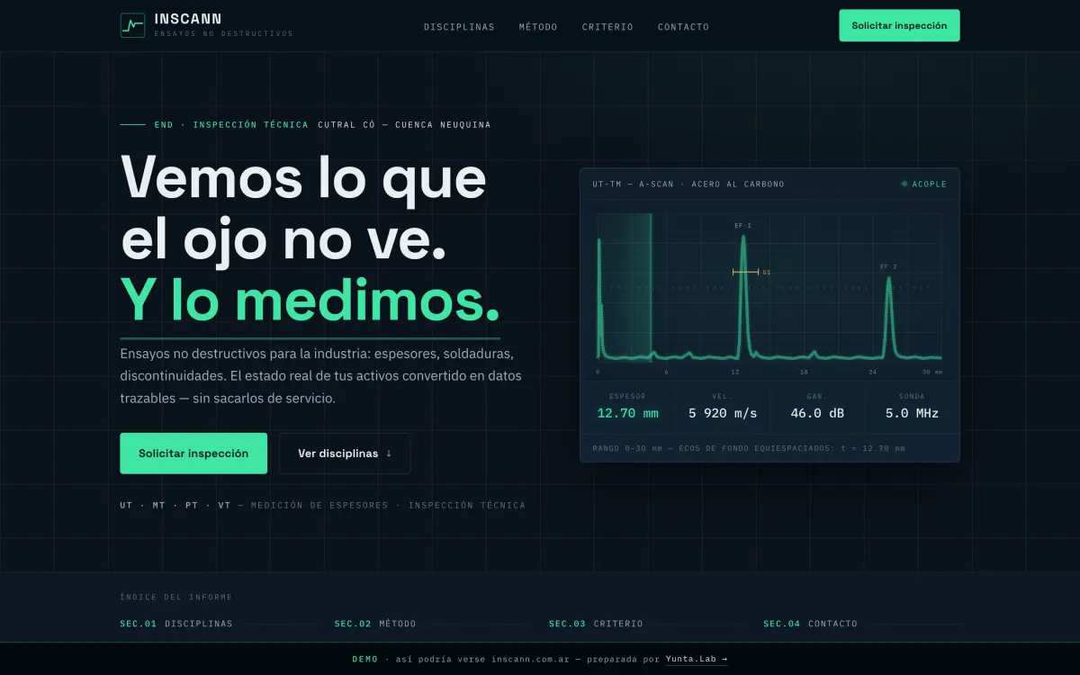 Portada del demo de INSCANN, ensayos no destructivos e inspección técnica en Cutral Có