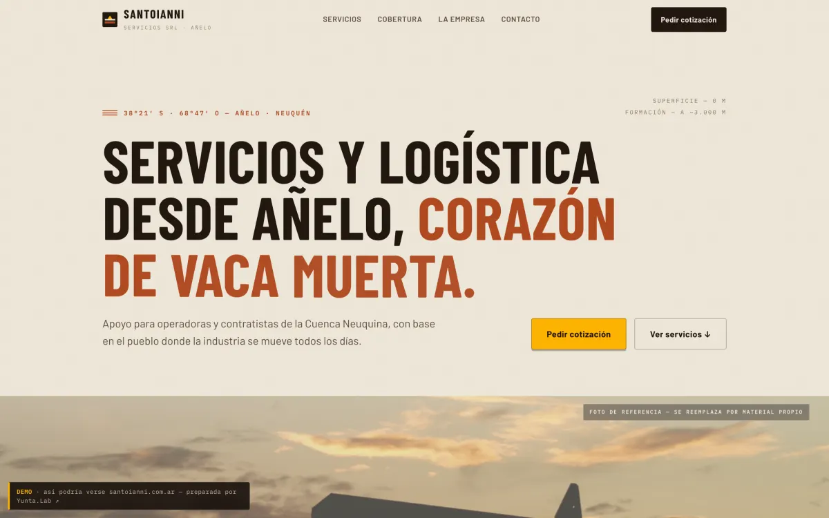 Portada del demo de Santoianni, servicios y logística en Añelo, Vaca Muerta