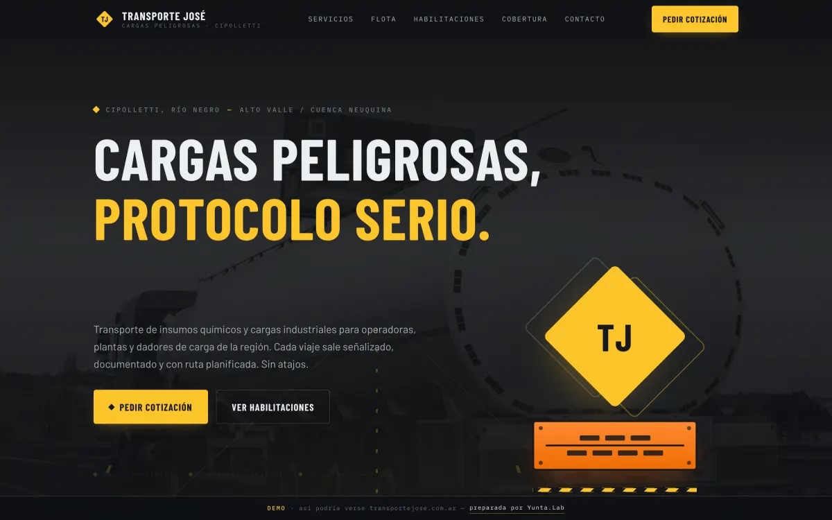 Portada del demo de Transporte José, cargas peligrosas y logística industrial de Cipolletti